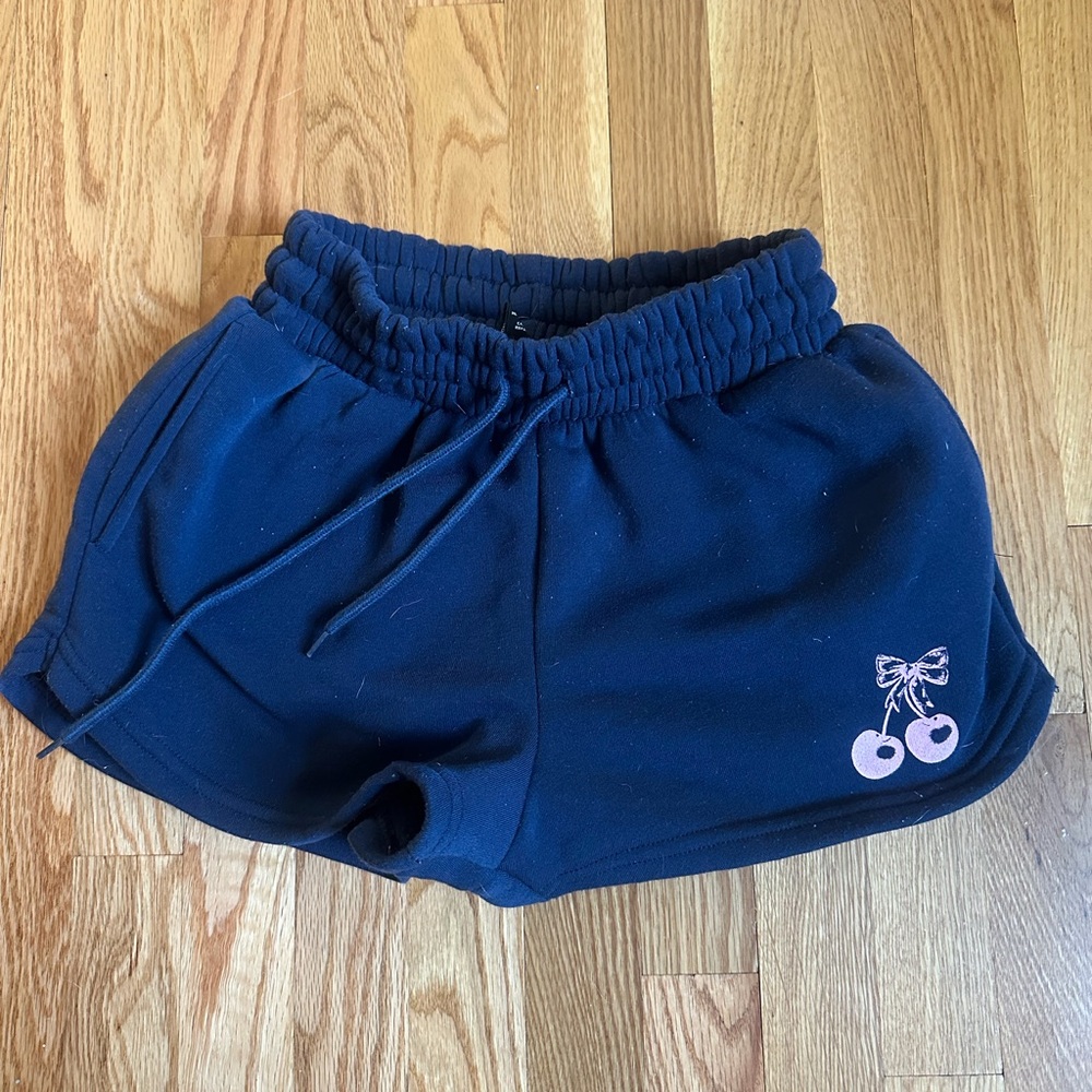 Navy Blue Shorts with Cherry Embroidery